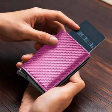 Imagem de Carteira fina - Porta-cartões minimalista, carteiras com bloqueio de RFID, carteiras de cartão de crédito pop-up para homens e mulheres, escritório de viagem, rosa, Portátil