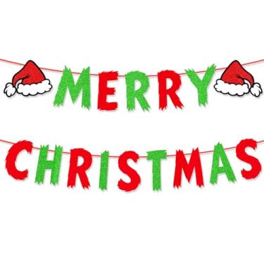 Imagem de Faixa de Feliz Natal, Pré-Montada Glitter Vermelho e Verde Placa de Feliz Natal Guirlanda Suspensa Festas Adereços Fotos Decoração Suprimentos para Casa Lareira Parede