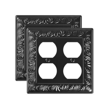Imagem de TREEWELL Pacote com 2 capas de tomada dupla e dupla face, placas de interruptor de metal preto e tampas de tomada, placas decorativas de parede padrão Paisley para tomadas elétricas, capa de