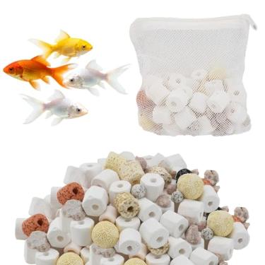 Imagem de giteo bedding Meio filtrante de aquário, conjunto de anéis de cerâmica 12 em 1 com saco de malha com zíper, meios de filtro biológicos marinhos duráveis de água doce para aquário, lago, vasilha (500 g