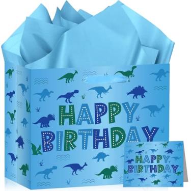 Imagem de Bolsa de presente de aniversário de dinossauro de desenho azul para meninos com cartão de felicitações, grande tema de dinossauro, saco de papel de embrulho com alças para crianças recém-nascidas, chá