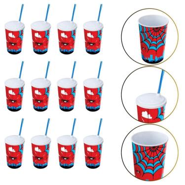 Imagem de Kit 12 Copo De Plástico 550 Ml Herói Homem Aranha Com Canudo