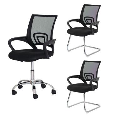 Imagem de Kit Cadeiras De Escritório, 1 Cadeira Tela Mesh Com Base Giratória + 2 Cadeiras Tela Mesh Base Fixa