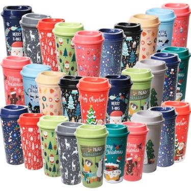 Imagem de Topphopy Pacote com 30 Copos de café reutilizáveis de Natal de 473 ml com tampa Caneca de café de viagem de plástico Presentes de agradecimento para bebidas quentes e frias (chique)