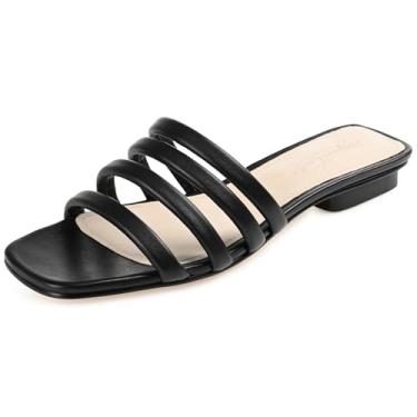 Imagem de Journee Collection Sandália feminina de couro legítimo da Signature Cendi Slip On Puff Strap Acolchoada Slide Flat Open Square Toe, Preto, 38
