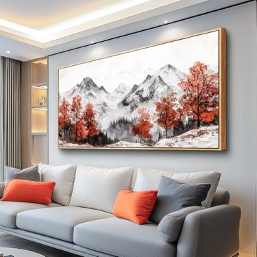Imagem de PHAOHUAXM Arte de parede em tela para sala de estar decoração de parede grande para quarto árvore vermelha lavagem de tinta montanha paisagem pintura fotos de parede escritório moderno restaurante