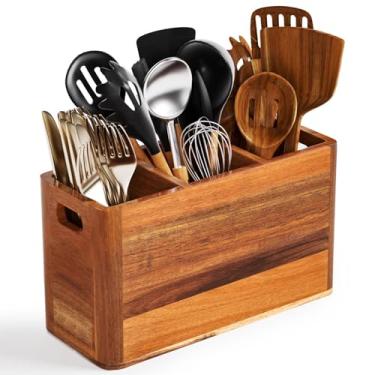 Imagem de Organizador de utensílios de cozinha de madeira extragrande – Suporte de utensílios de 3 compartimentos para balcão de cozinha ou parede, organizador de colher de madeira de fazenda para colheres de