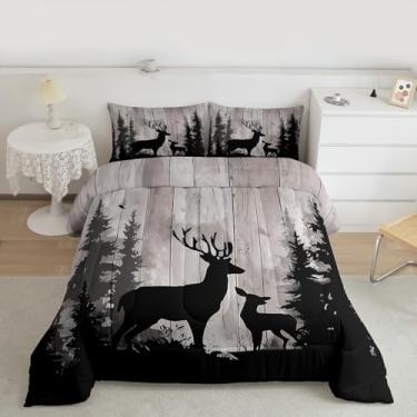 Imagem de Erosebridal Conjunto de cama casal retrô de madeira com estampa de casa de fazenda, para crianças, meninos, meninas, floresta ocidental, vida selvagem, caça, 3 peças, decoração de cabana