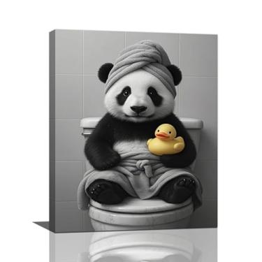 Imagem de Arte de parede engraçada de panda de banheiro preto e branco pintura em tela de banheiro bonito pato panda decoração de imagens emolduradas presentes para mulheres menina banheiro banheiro casa 40,6 x