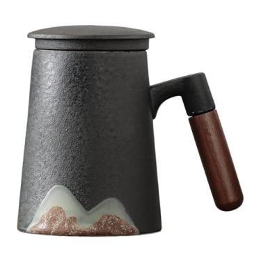 Imagem de Chewtoyo Xícara de chá de cerâmica esmaltada de montanha artística de 382 g, caneca de chá com infusor e tampa, cabo de madeira ergonômico para anti-queimaduras, ótimo para chá de folhas soltas