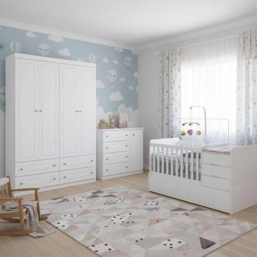 Imagem de Quarto Infantil 4 Portas Americano Com Berço Multifuncional Cleo Ambiente Branco Fosco - Henn