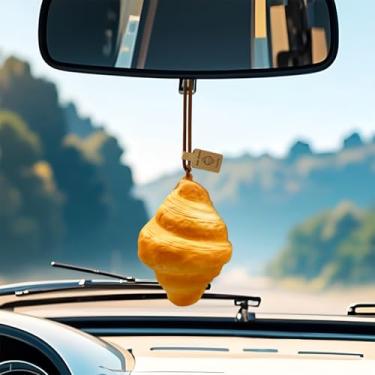 Imagem de Tuxihapp Acessórios de pendurar para espelho de carro de pão croissant - Pingente de pão simulado feito à mão para espelho retrovisor de carro - Decoração de espelhos retrovisores interiores de