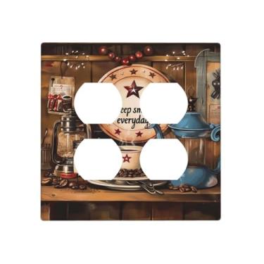 Imagem de DWBGUO Capas de tomada decorativas com grãos de café vintage design de placa de madeira retrô 2 gangues capa de parede receptáculo duplo duplo interruptor de luz placa de interruptor para decoração de