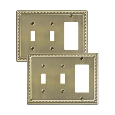 Imagem de TREEWELL Pacote com 2 placas decoradoras/interruptores de luz duplos, placas decorativas de latão antigas e tampas de tomada, placas de parede de metal para tomadas elétricas