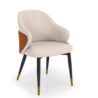 Imagem de Cadeira De Jantar Estofada Milano Design Italiano Revestimento Pu C- Pés Metálicos E Encosto Ergonômico - Bege-caramelo