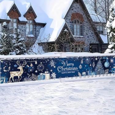 Imagem de HOMETITUTE Faixa de Feliz Natal 299 x 50 cm Árvore de Rena Ouro Azul Presente Ornamento Fogos de Artifício Design Banner de Suspensão de Natal Grande Cerca Externa Varanda Decoração de Parede Cenário