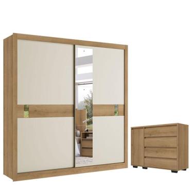 Imagem de Guarda Roupa Casal Copenhagen Glass 2 Portas Capuccino Off White Cacau Flex E Cômoda Com Porta Aurora Cappuccino - Thb