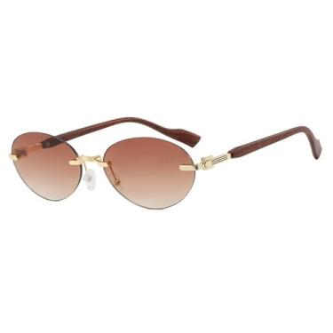 Imagem de Óculos de Sol UV400 - Oval sem Armação com Hastes de Madeira e Lentes Degradê para Homens e Mulheres, Ideais para Esportes ao Ar Livre, Corrida e Ciclismo, Cor Marrom