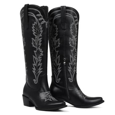 Imagem de femflame Botas femininas caubói pretas na altura do joelho com bico fino, salto grosso, zíper, bordado, cowgirl, bico largo, botas ocidentais de couro, Preto, 39