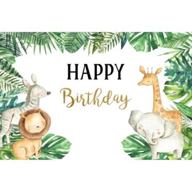 Imagem de FUWOOD Cenário de feliz aniversário de animais de safári da selva, fundo fotográfico de vinil com folhas verdes tropicais para decoração de festa de aniversário de crianças, adereços de cabine de