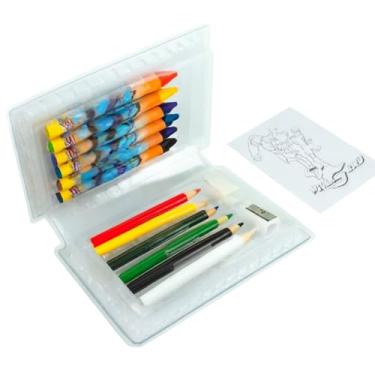 Imagem de Estojo Infantil Escolar 18 Peças, Kit Artístico com Lápis de Cor e Giz de Cera, 4+ Anos, Inclui 6 Lápis, 6 Gizes, 4 Desenhos, Borracha e Apontador