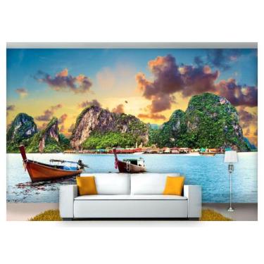 Imagem de Papel De Parede Praia Mar Céu Sol Barcos 3D Npr231 - Você Decora