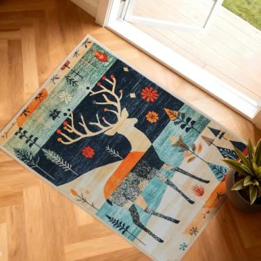 Imagem de NUOVARUGS Tapetes para entrada 5 x 7 cm tapete de porta interno antiderrapante outono boho natureza tribal rústico lavável pequeno tapete para porta da frente tapete de alce de veado para entrada