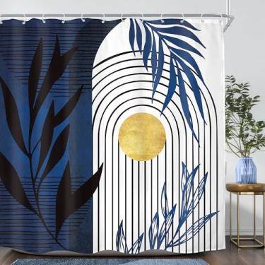 Imagem de KOMLLEX Cortina de chuveiro boho azul branca para decoração de banheiro 182 cm L x 182 cm A abstrata boêmia folhas de palmeira planta botânica minimalista tecido impermeável poliéster pacote com 12