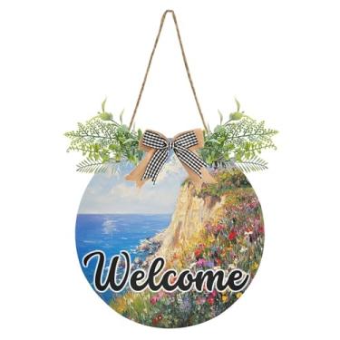 Imagem de SEHANY Placa de boas-vindas de flores e mar, decoração de porta da frente, guirlanda de boas-vindas redonda para decoração de casa de fazenda, varanda e pátio, 30 x 30 cm