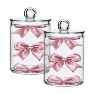 Imagem de ATTX Dispensador de suporte Qtip com laços de fita para bola de algodão, cotonete, frasco de boticário transparente, decoração de casa, pote de armazenamento de cozinha, pacote com 2 (215)