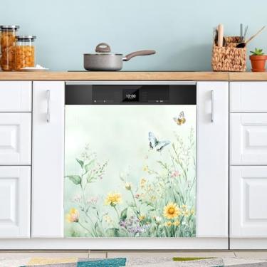 Imagem de ATTX Aquarela flores silvestres capa ímã máquina de lavar louça, 58 cm C x 66 cm A decoração da capa frontal da máquina de lavar louça, decalques de armário doméstico eletrodomésticos adesivos #119