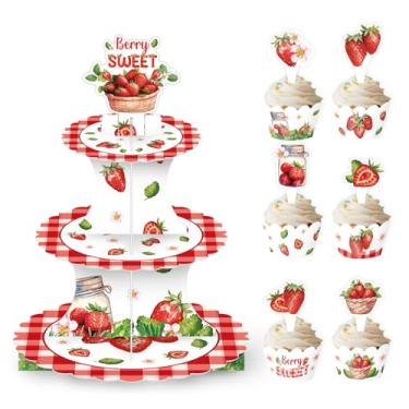 Imagem de Suporte de cupcake de morango com 3 camadas para festas, torre de bolo portátil de fácil instalação com 12 envoltórios e topos de morango para decorações temáticas de aniversário, chá de bebê, meninas