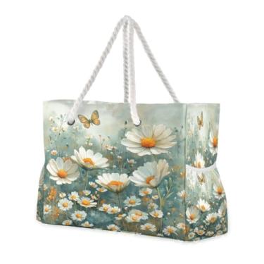 Imagem de ATTX Aquarela Prado Margaridas Bolsas de Praia para Mulheres - Bolsas de Praia Grandes com Zíper Impermeável À Prova de Areia Saco de Piscina Bolsa Grande #292