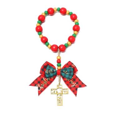 Imagem de KOMI Enfeite católico de contas de madeira de Natal, presentes religiosos, cruz de presépio de aço inoxidável, enfeite de bênção para maçaneta de porta, decoração de espelho retrovisor de carro