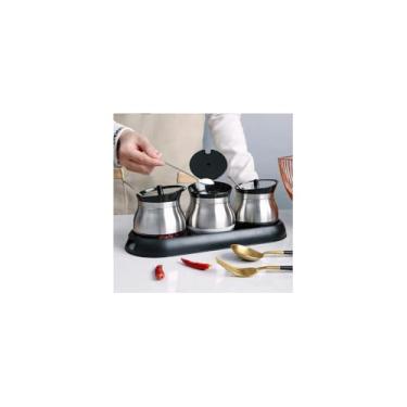 Imagem de Conjunto de Porta Condimentos de Vidro, 3 Unidades, 250ml Cada, com Suporte de Plástico e Colheres, Inox/Preto, para Cozinha