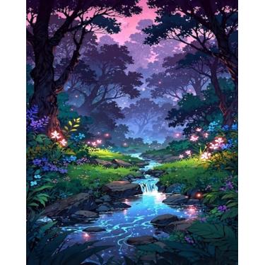 Imagem de Mosaflare Pintura por números para adultos iniciantes, rebites florestais kits de pintura por números em tela, pintura fácil de óleo acrílico paisagem DIY por números para decoração de parede de casa