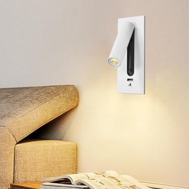 Imagem de GZZBMY Lâmpadas de parede LED com porta de carregamento USB Arandela com interruptor Iluminação de parede 350° Luzes de leitura rotativas para sala de estar Escada Quarto Lâmpada de cabeceira (branca