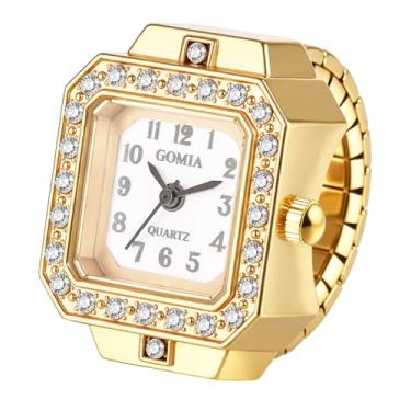 Imagem de OIDEA Relógio de dedo masculino feminino: luxo strass diamante decoração mostrador quadrado pulseira elástica analógico quartzo negócios casual relógios anel, B - ouro