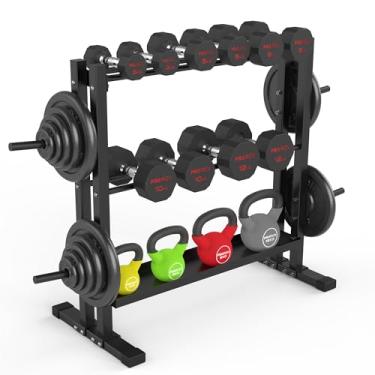 Imagem de PROIRON rack de peso tudo-em-um resistente, rack de halteres para halteres, kettlebells, armazenamento de ginástica em casa, suporte de suporte de pesos multicamadas (somente rack)