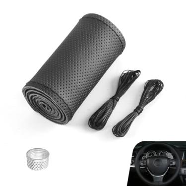 Imagem de CyperFair Capa de volante de carro, protetor antiderrapante genuíno costurado à mão com agulha e linha, capa de direção respirável perfurada e confortável, interior elegante universal para carro