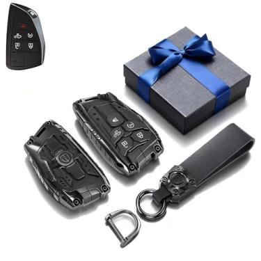 Imagem de Capa de chaveiro de liga de zinco resistente com 5 botões com caixa de presente e cordão de couro, compatível com Chevrolet Silverado 1500 GMC Sierra 1500 2500HD 3500HD (2022-2025) preta