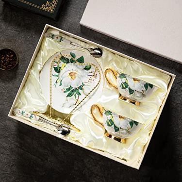 Imagem de Conjunto de chá de porcelana, conjunto de café europeu, xícaras de chá e pires, conjunto de chá com padrão floral de lírio, conjunto de presente de chá para amantes de chá e mulheres (C)