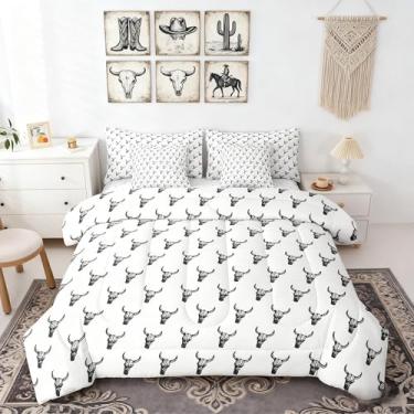Imagem de Conjunto de edredom de caubói com 7 peças, caveira, asteca, boho, vintage, estilo rústico, branco, edredom queen com edredom, lençol de cima, 2 fronhas, 2 fronhas
