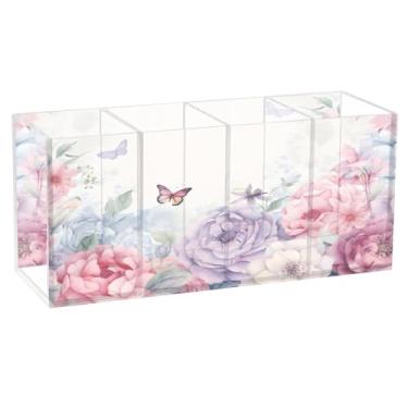 Imagem de CEBUGI Porta-lápis de acrílico com 4 compartimentos, organizador de lápis transparente, porta-pincéis de maquiagem para aquarela, flor, borboleta, para armazenamento em casa e escritório