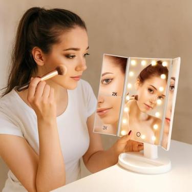 Imagem de Espelho de Maquiagem Triplo Dobrável com LED Ajustável – Ampliação 2x/3x, Rotação 180°, Portátil, USB Incluso, Ideal para Make Precisa e Cuidados com a Pele