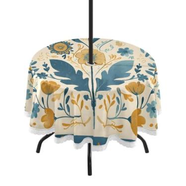 Imagem de CEBUGI Toalha de mesa redonda para uso ao ar livre, estampa floral, impermeável, com furo Umberlla, capa de mesa lavável para pátio, cozinha, sala de jantar, 152 cm