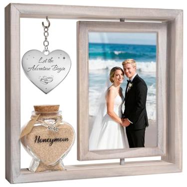 Imagem de Presentes de casamento para casais – Moldura dupla face giratória de 360° com pote de lembrança de areia de lua de mel, comporta duas fotos 10 x 15 cm, ideal para chá de panela, noivado de Sr. e Sra