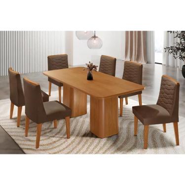 Imagem de Sala Jantar Mesa Maldivas Tampo Curvo 180cm+6 Cadeiras Maldivas Madeira Naturale - Capuccino/Suede Marrom - Rufato