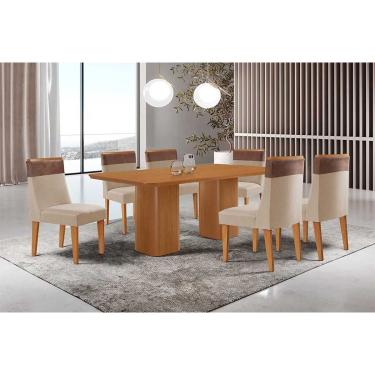 Imagem de Sala Jantar Mesa Maldivas Tampo Curvo 180cm+6 Cadeiras Jaspe Madeira Naturale - Capuccino/Suede Creme - Rufato