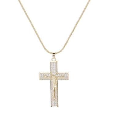 Imagem de Jovialpixie Colar feminino com pingente de cruz de ouro banhado a 18 k/14 K com pedras de zircônia cúbica, corrente ajustável de 40,6 a 45,7 cm, joia delicada para o dia a dia, presente de Natal
